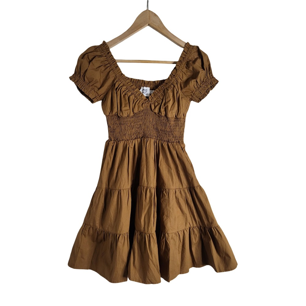 Princess Polly Brown Smocked Tiered Puff Sleeve Cotton Mini Dress 2 Cottagecore